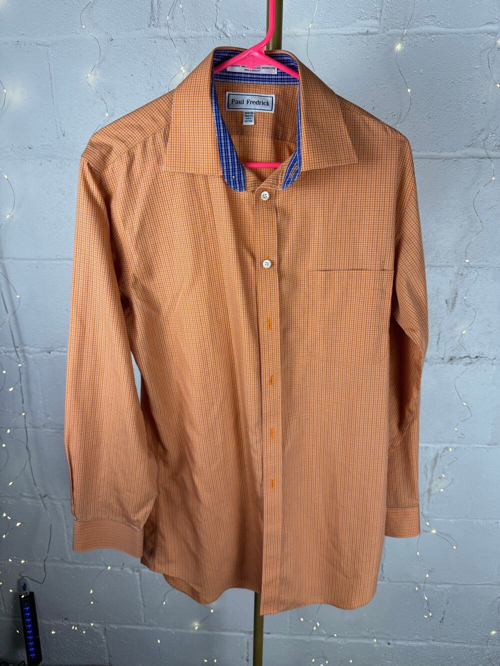 paul fredrick men’s dress shirt 15.5 33 trim fit orange check 100% cotton